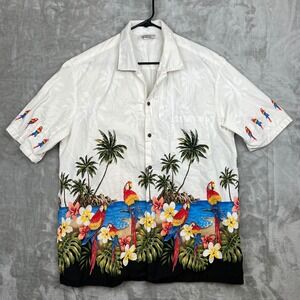 Pacific Legend Mens XL Hawaiian Shirt Parrot Tropical Border Print Cotton White